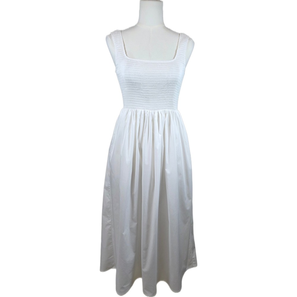 WAYF White Smocked Square Neck Sleeveless Cotton Blend Midi Dress w/Pockets
